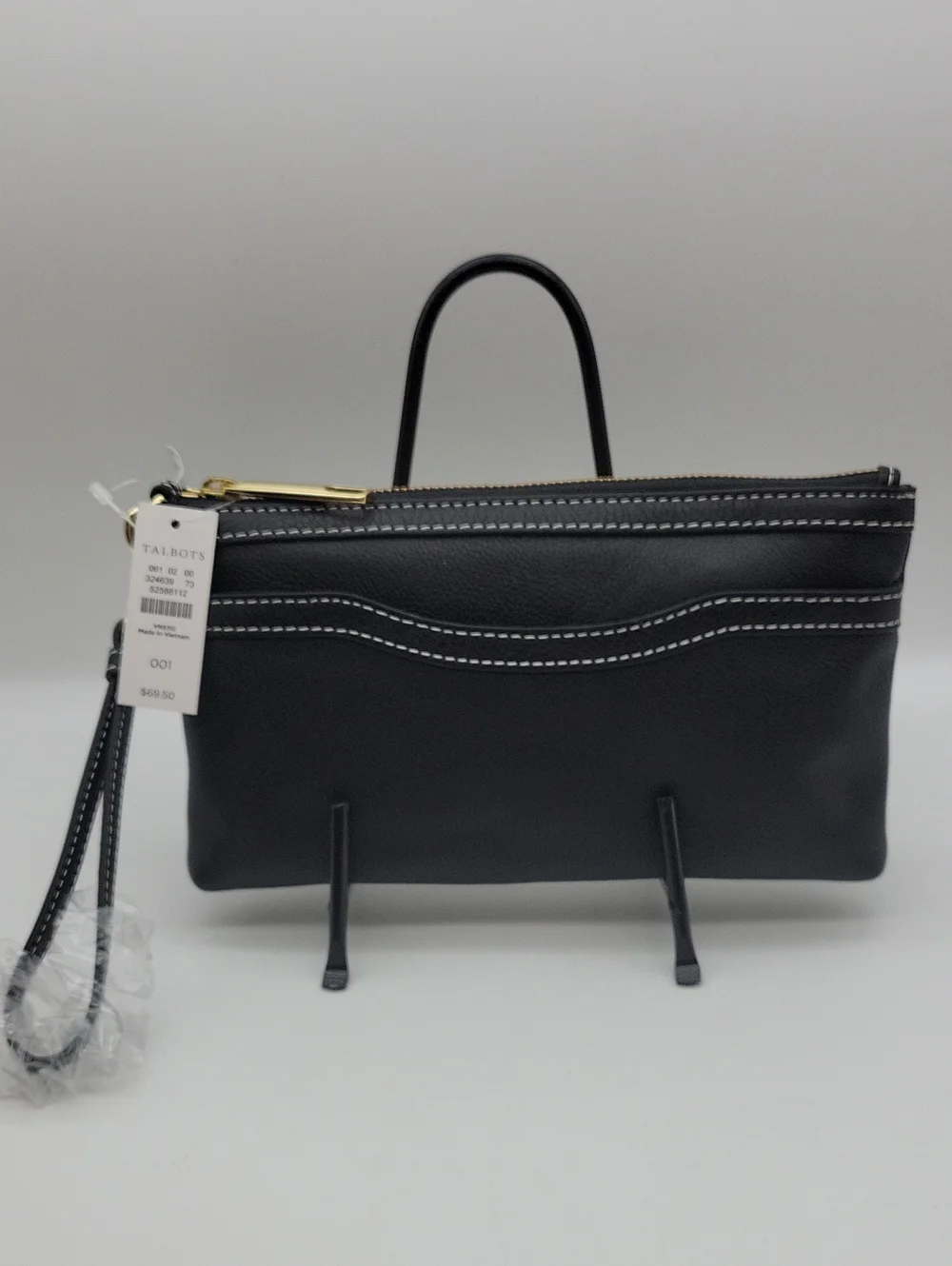 Talbots Black Leather Wristlet Clutch with White Stitching and Gold Hardware